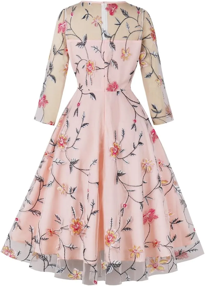 Mesh 3/4 Sleeve Floral Embroidery Dress for Women Flower Embroidered Tulle Prom Dress Illusion Cutout Back Homecoming Dresses
