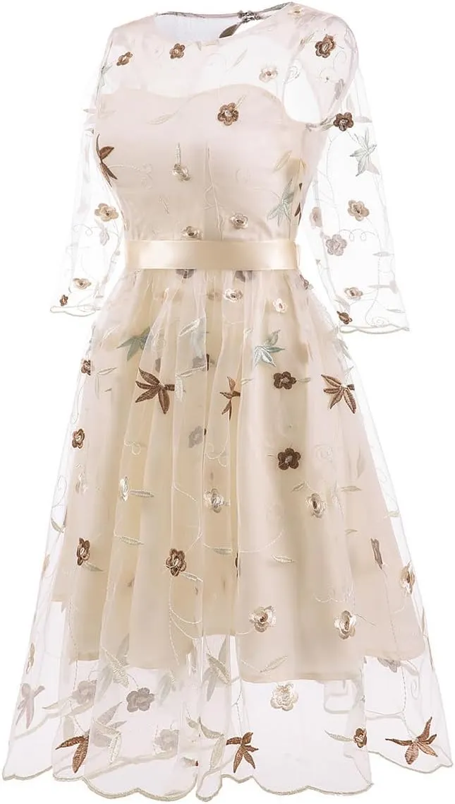 Mesh 3/4 Sleeve Floral Embroidery Dress for Women Flower Embroidered Tulle Prom Dress Illusion Cutout Back Homecoming Dresses