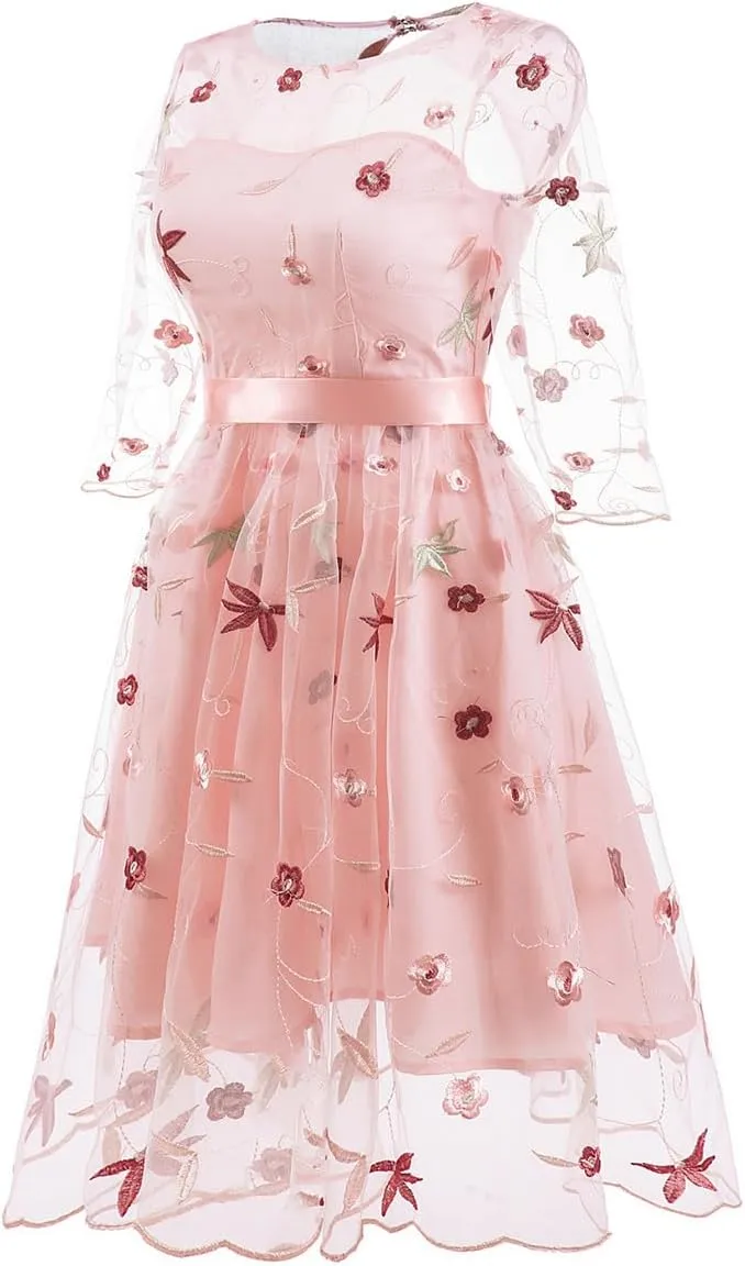 Mesh 3/4 Sleeve Floral Embroidery Dress for Women Flower Embroidered Tulle Prom Dress Illusion Cutout Back Homecoming Dresses