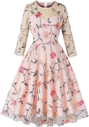 Mesh 3/4 Sleeve Floral Embroidery Dress for Women Flower Embroidered Tulle Prom Dress Illusion Cutout Back Homecoming Dresses