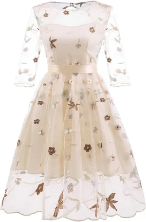Mesh 3/4 Sleeve Floral Embroidery Dress for Women Flower Embroidered Tulle Prom Dress Illusion Cutout Back Homecoming Dresses