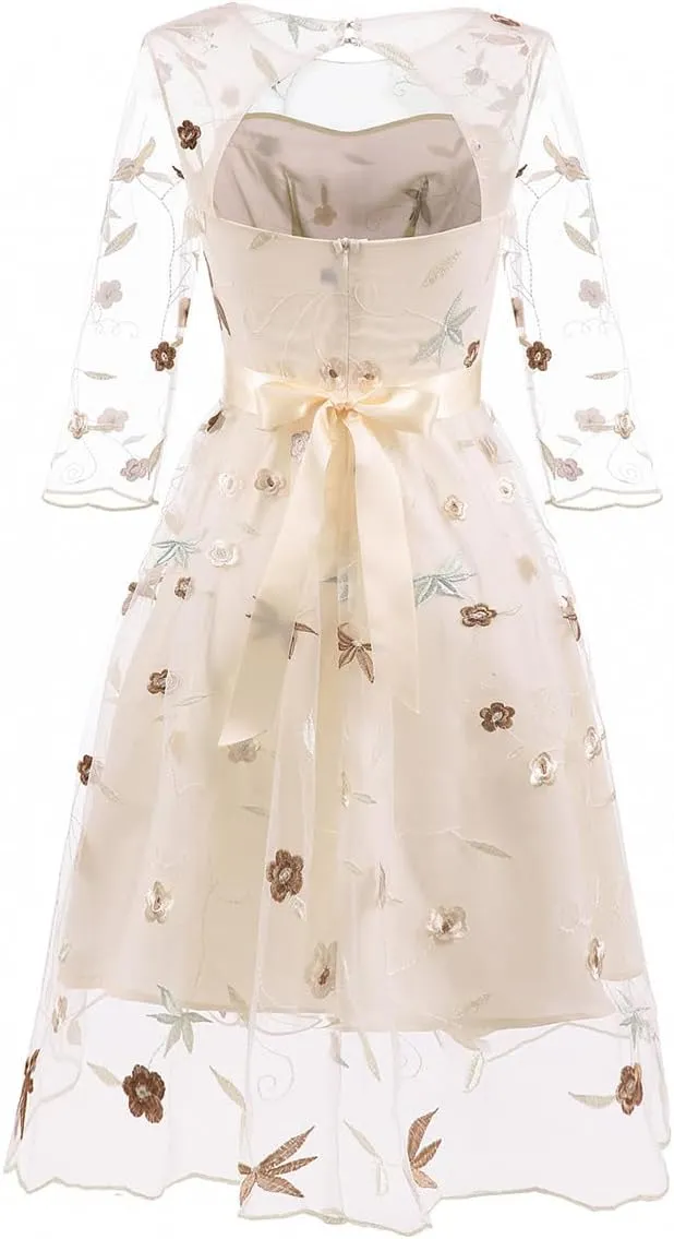 Mesh 3/4 Sleeve Floral Embroidery Dress for Women Flower Embroidered Tulle Prom Dress Illusion Cutout Back Homecoming Dresses