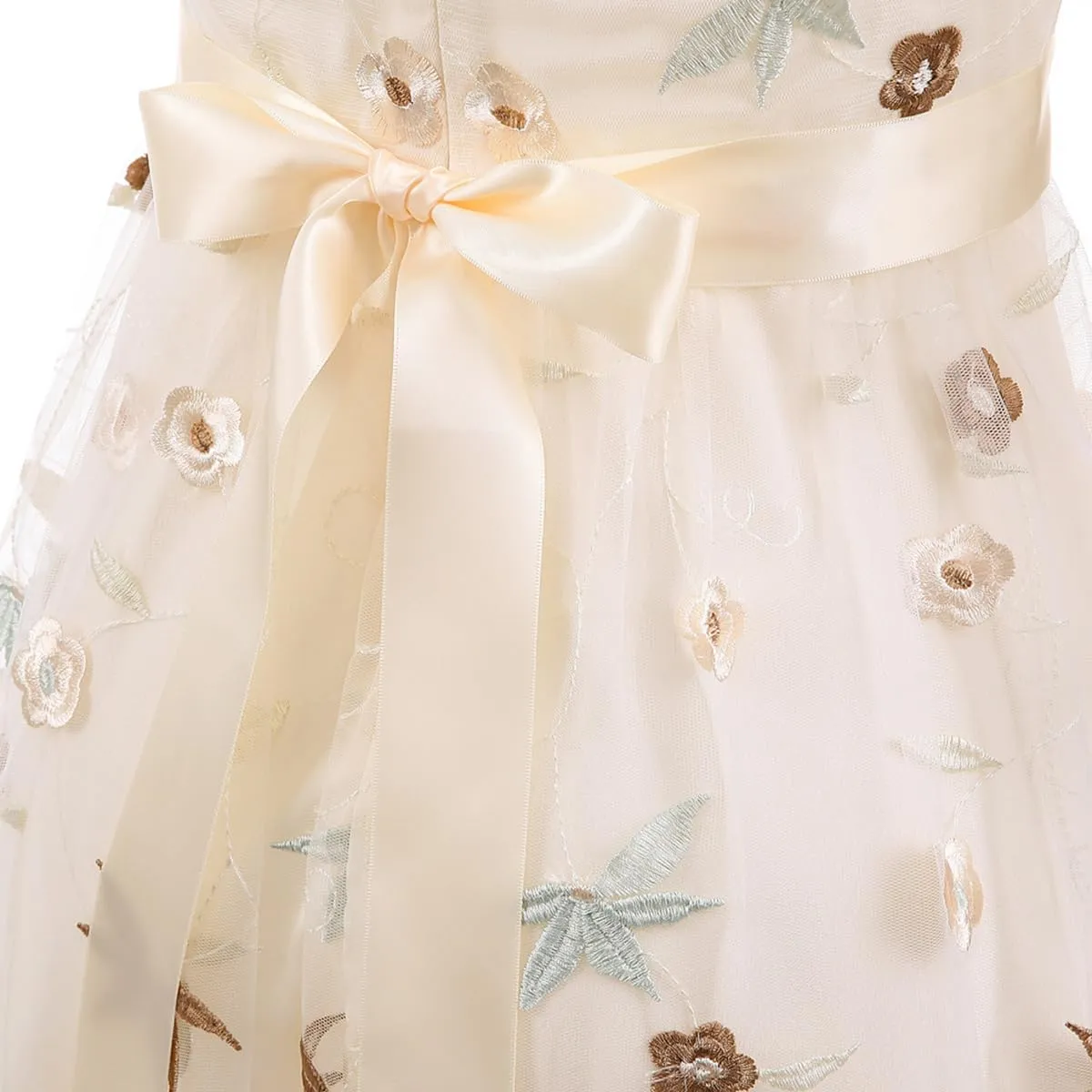 Mesh 3/4 Sleeve Floral Embroidery Dress for Women Flower Embroidered Tulle Prom Dress Illusion Cutout Back Homecoming Dresses