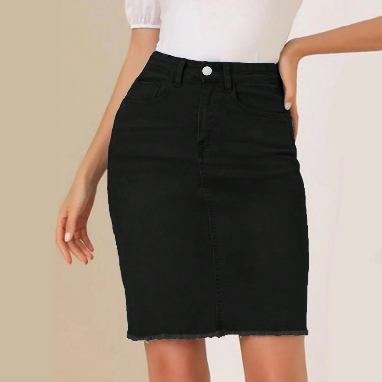 Midi Denim Skirt Women Stretchy High Waist Pencil Frayed Jean Skirt Below Knee Business Casual Skirts with Pockets
