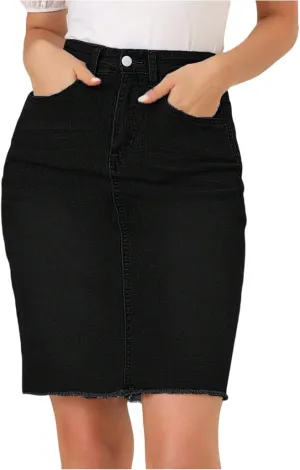 Midi Denim Skirt Women Stretchy High Waist Pencil Frayed Jean Skirt Below Knee Business Casual Skirts with Pockets