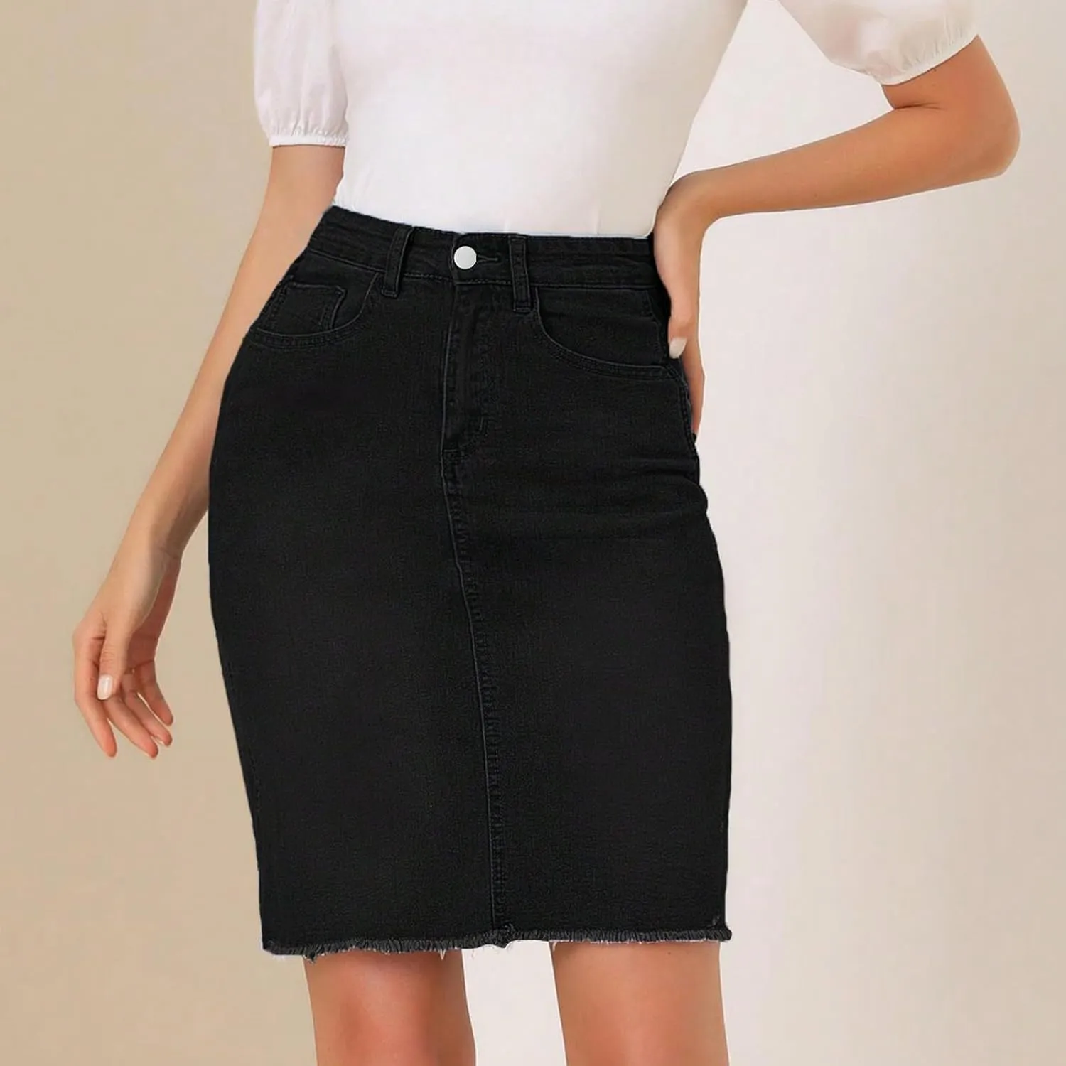 Midi Denim Skirt Women Stretchy High Waist Pencil Frayed Jean Skirt Below Knee Business Casual Skirts with Pockets