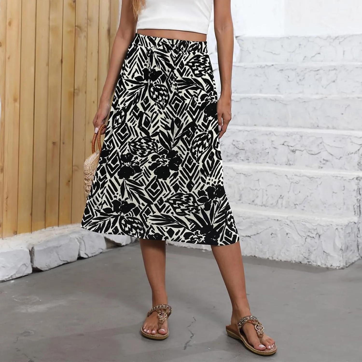Midi Skirt for Women Summer Drawstring Elastic High Waist Skirt Knee Length Smocked A Line Fashion Skirts with Pockets
