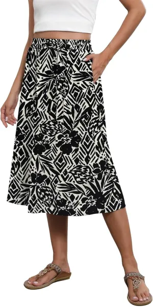Midi Skirt for Women Summer Drawstring Elastic High Waist Skirt Knee Length Smocked A Line Fashion Skirts with Pockets