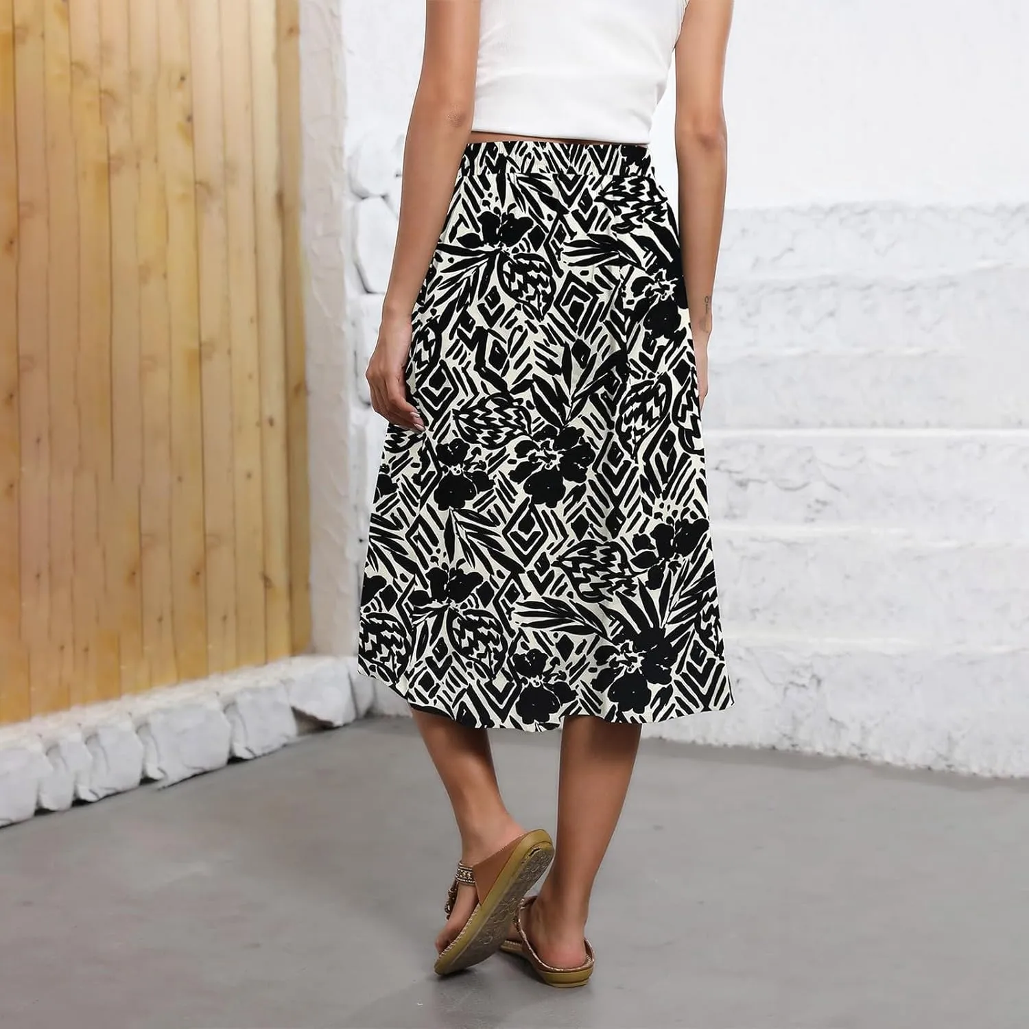 Midi Skirt for Women Summer Drawstring Elastic High Waist Skirt Knee Length Smocked A Line Fashion Skirts with Pockets