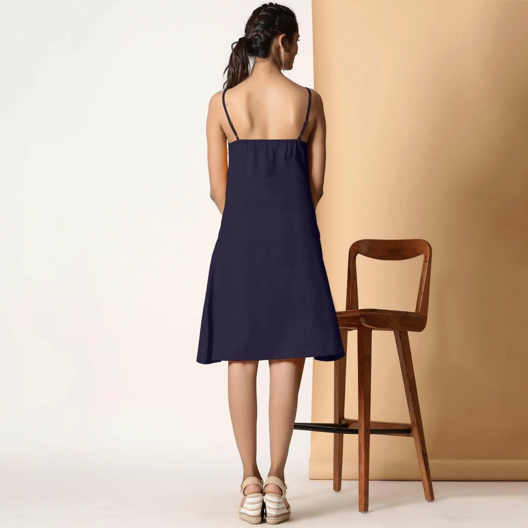 Midnight Blue Cotton Flax Knee Length Strappy Slit Dress