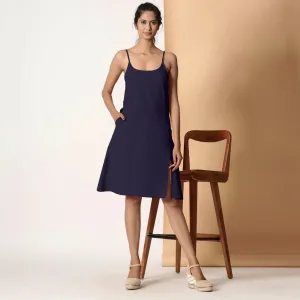 Midnight Blue Cotton Flax Knee Length Strappy Slit Dress