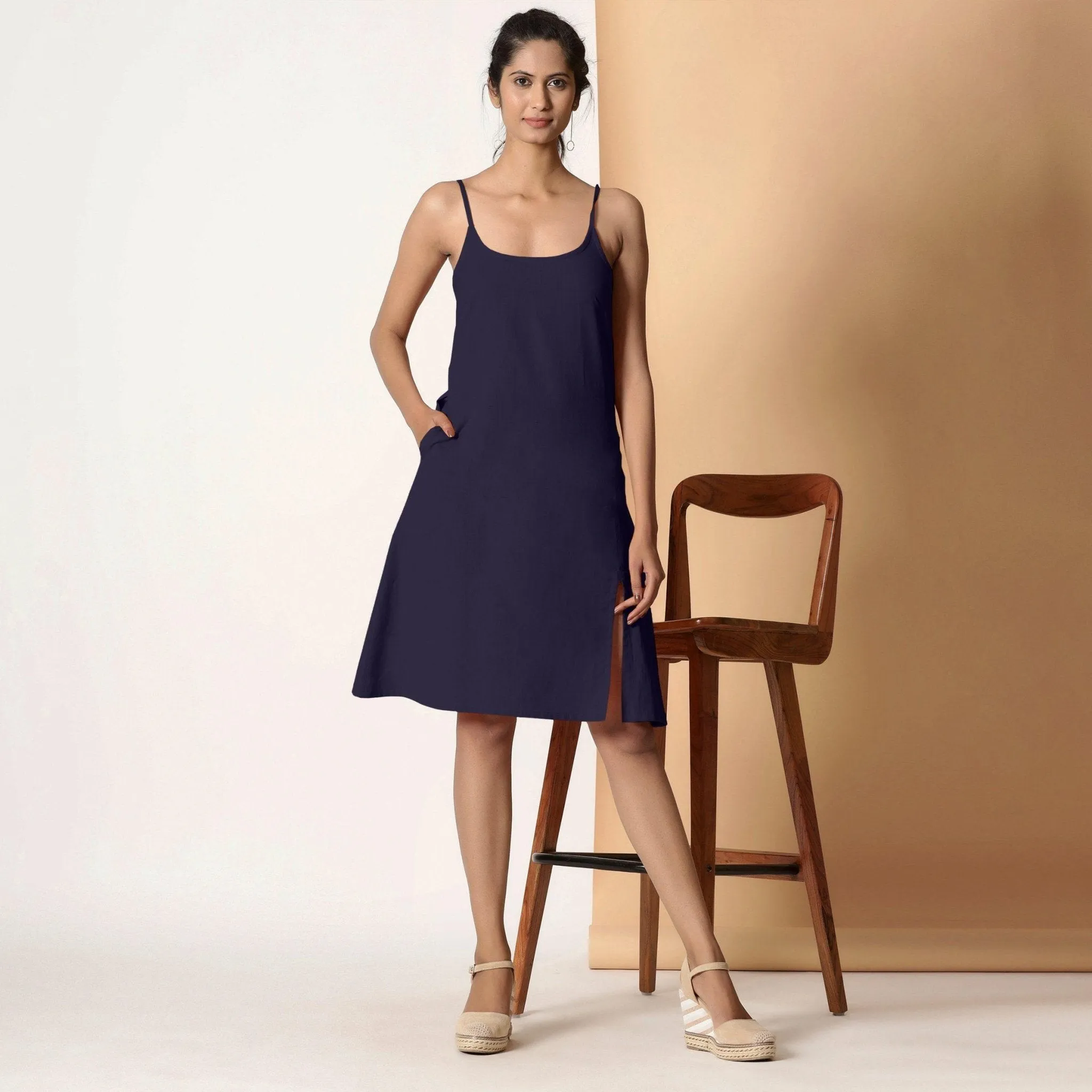 Midnight Blue Cotton Flax Knee Length Strappy Slit Dress