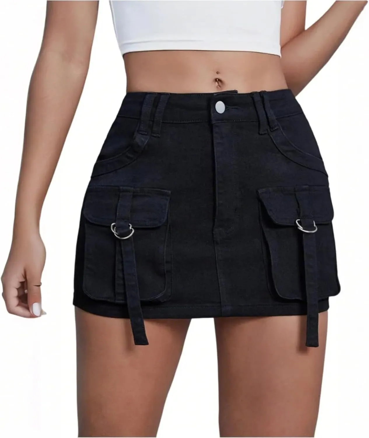 Mini Jean Skirts for Women Denim Cargo Skirt Mid Rise Stretch Slim Fit Y2k Distressed Short Skirt with Mulity Pockets