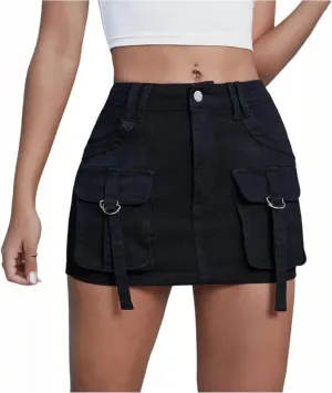 Mini Jean Skirts for Women Denim Cargo Skirt Mid Rise Stretch Slim Fit Y2k Distressed Short Skirt with Mulity Pockets