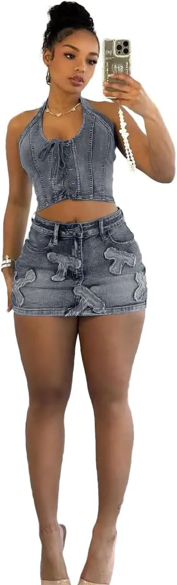 Molilove Women Denim Vest Set Halter Denim Top Mini Skirts Set Jean Set Vest Set Summer Sleeveless Tracksuit Sexy Denim Set