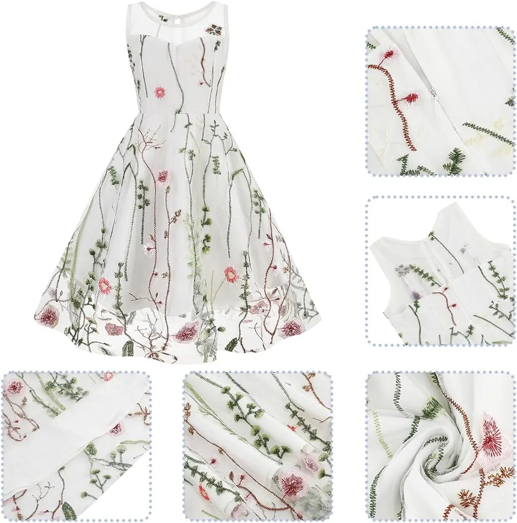 Mommy and Me Matching Floral Dresses Mom and Daughter Mesh Flower Embroidered Dress Women Girls Summer Tulle Embroidery Dress