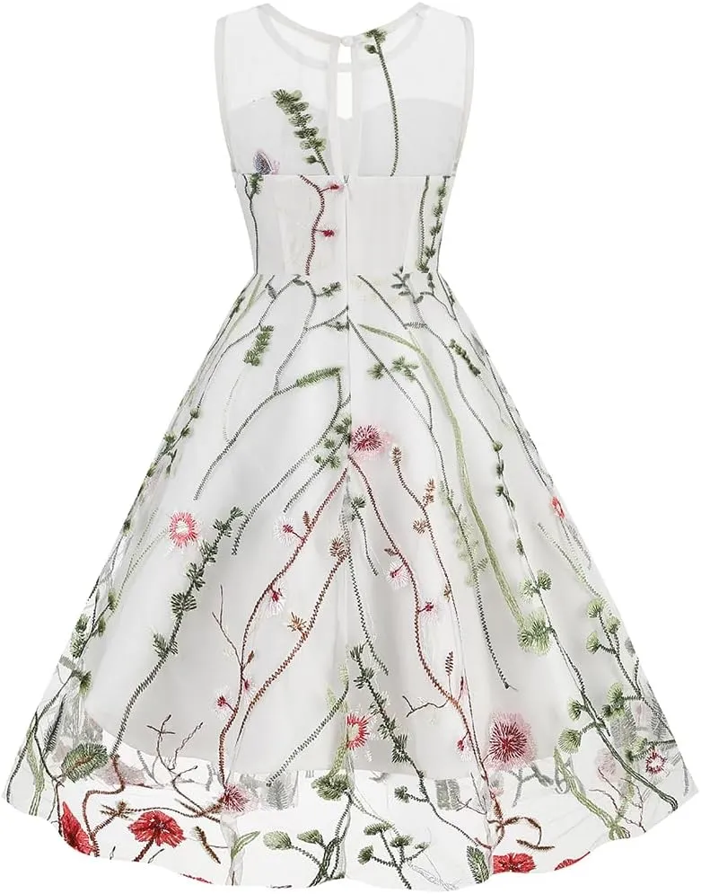 Mommy and Me Matching Floral Dresses Mom and Daughter Mesh Flower Embroidered Dress Women Girls Summer Tulle Embroidery Dress