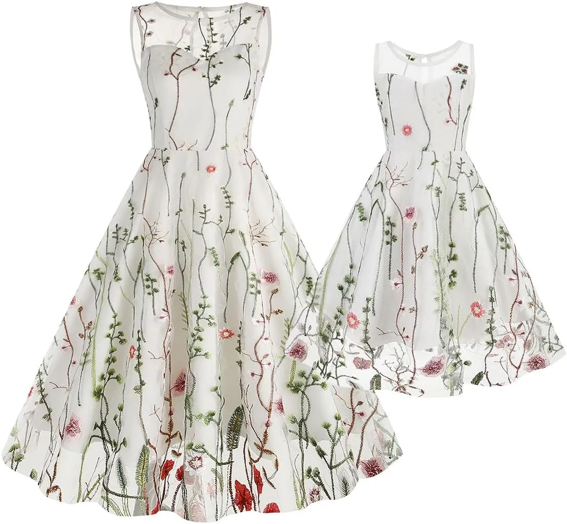 Mommy and Me Matching Floral Dresses Mom and Daughter Mesh Flower Embroidered Dress Women Girls Summer Tulle Embroidery Dress