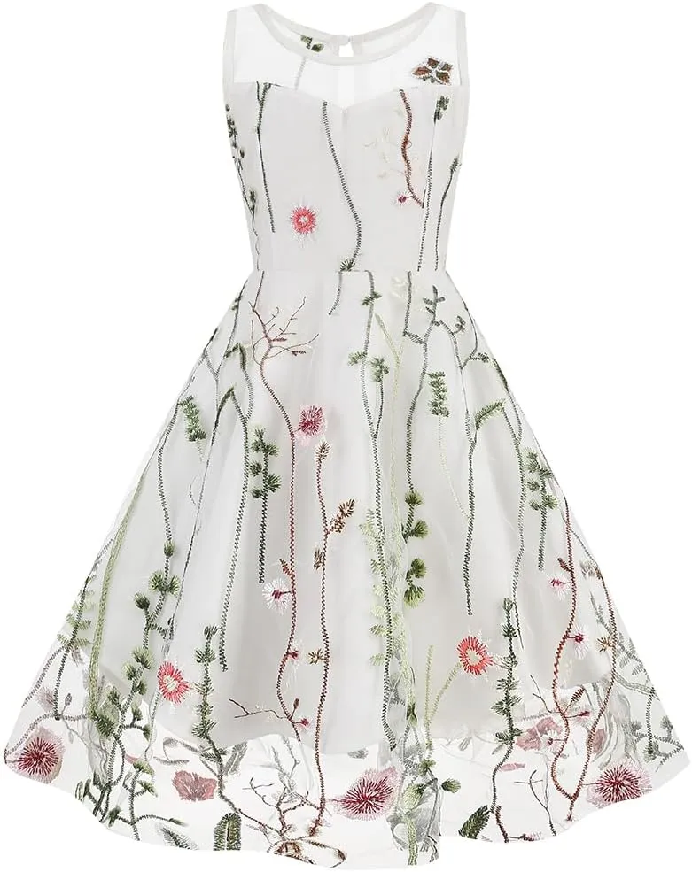 Mommy and Me Matching Floral Dresses Mom and Daughter Mesh Flower Embroidered Dress Women Girls Summer Tulle Embroidery Dress