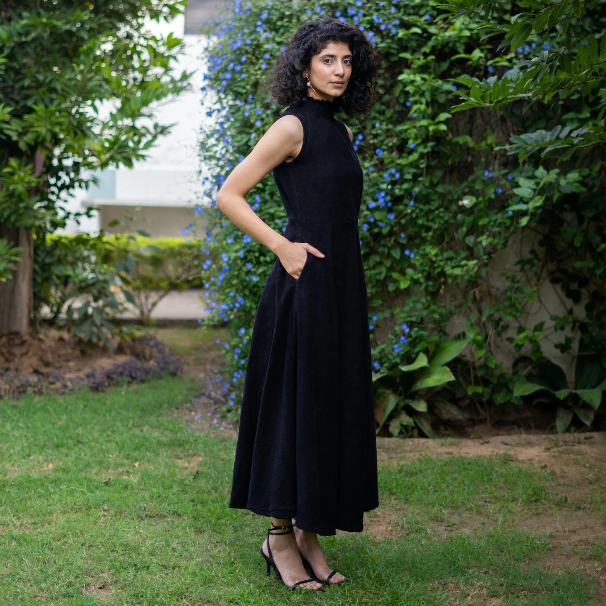 Moonlight Black Warm Cotton Corduroy High-Neck Sleeveless Slit Dress