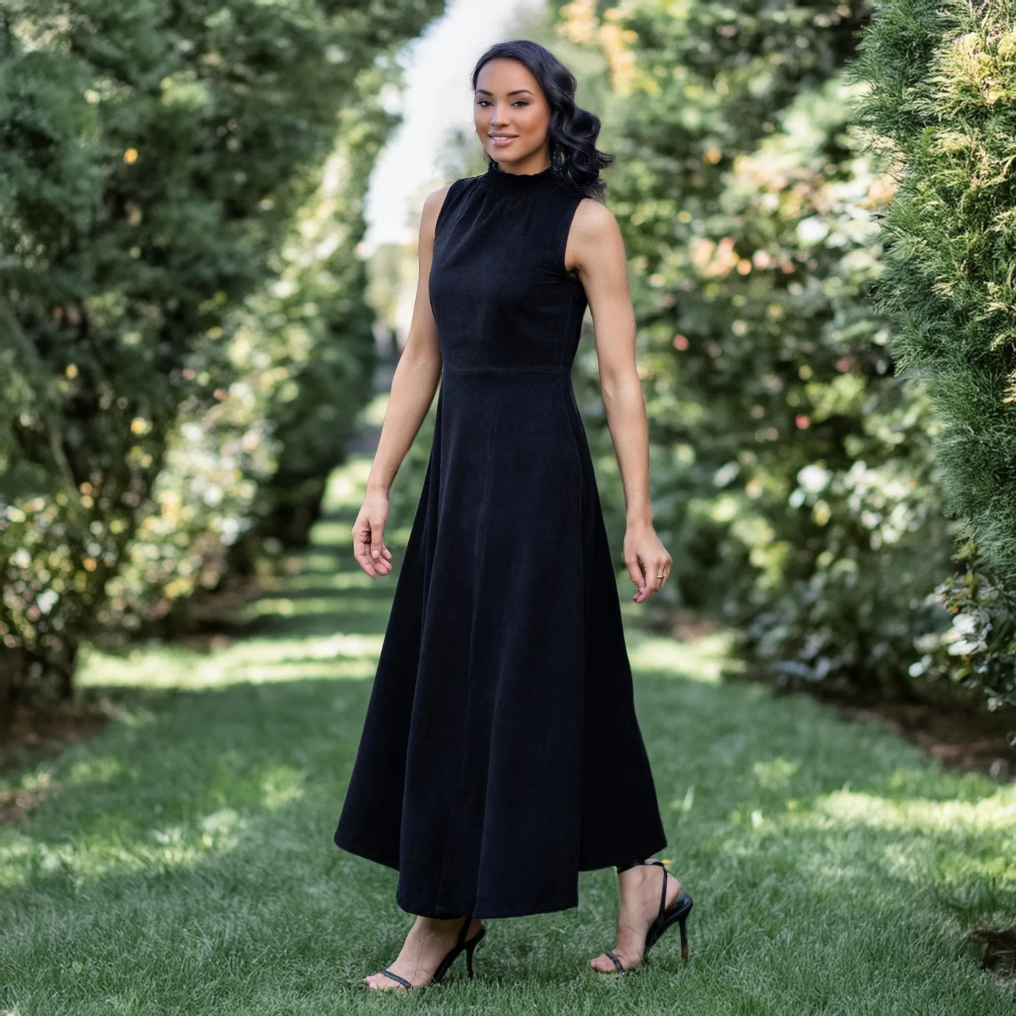 Moonlight Black Warm Cotton Corduroy High-Neck Sleeveless Slit Dress