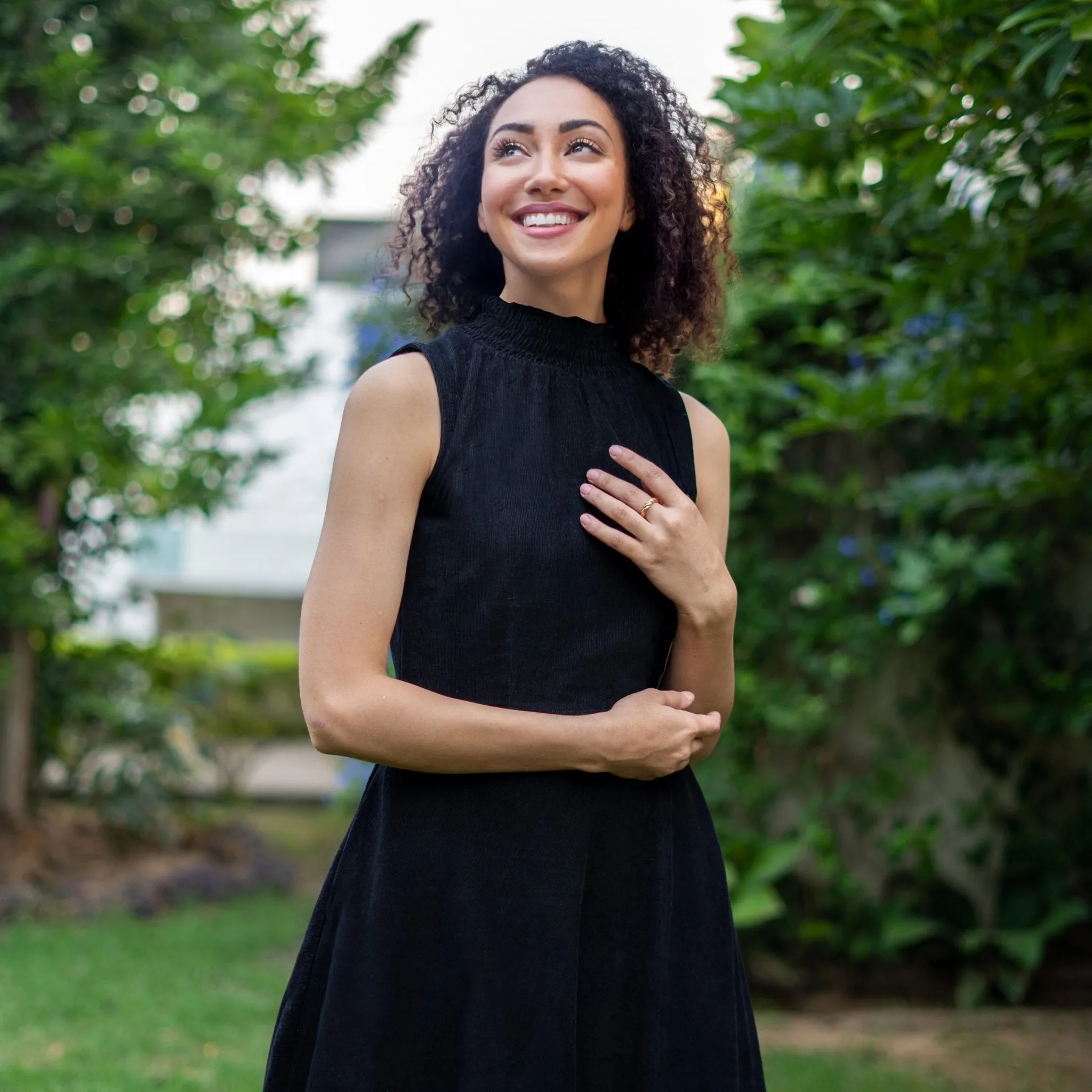 Moonlight Black Warm Cotton Corduroy High-Neck Sleeveless Slit Dress