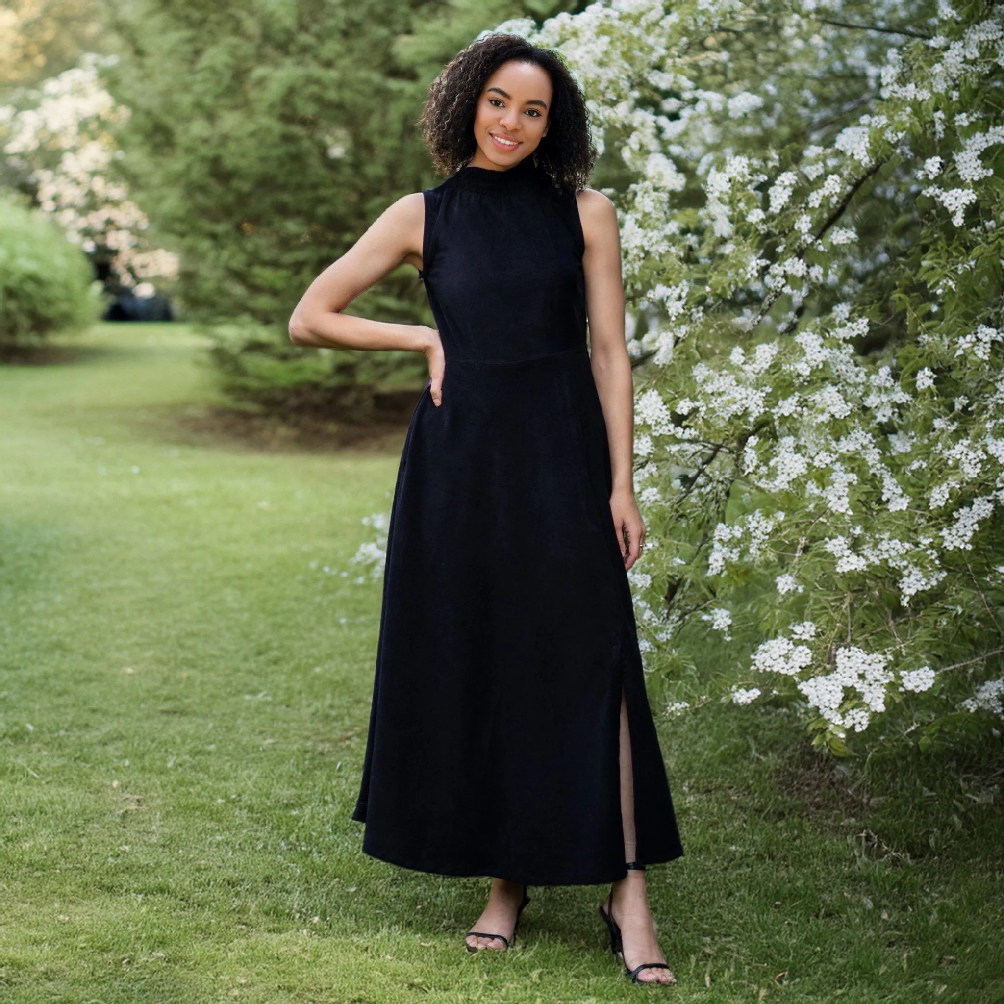 Moonlight Black Warm Cotton Corduroy High-Neck Sleeveless Slit Dress