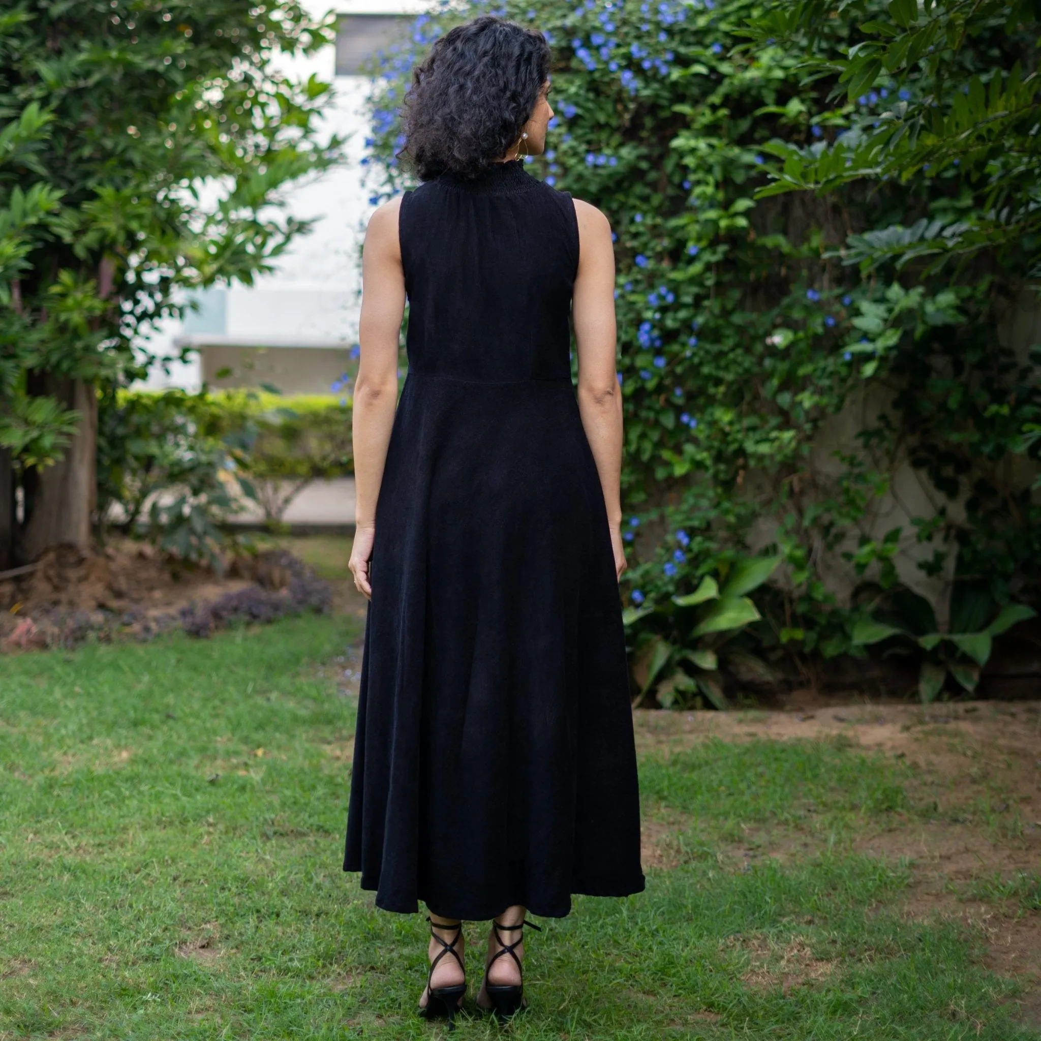 Moonlight Black Warm Cotton Corduroy High-Neck Sleeveless Slit Dress