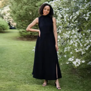 Moonlight Black Warm Cotton Corduroy High-Neck Sleeveless Slit Dress
