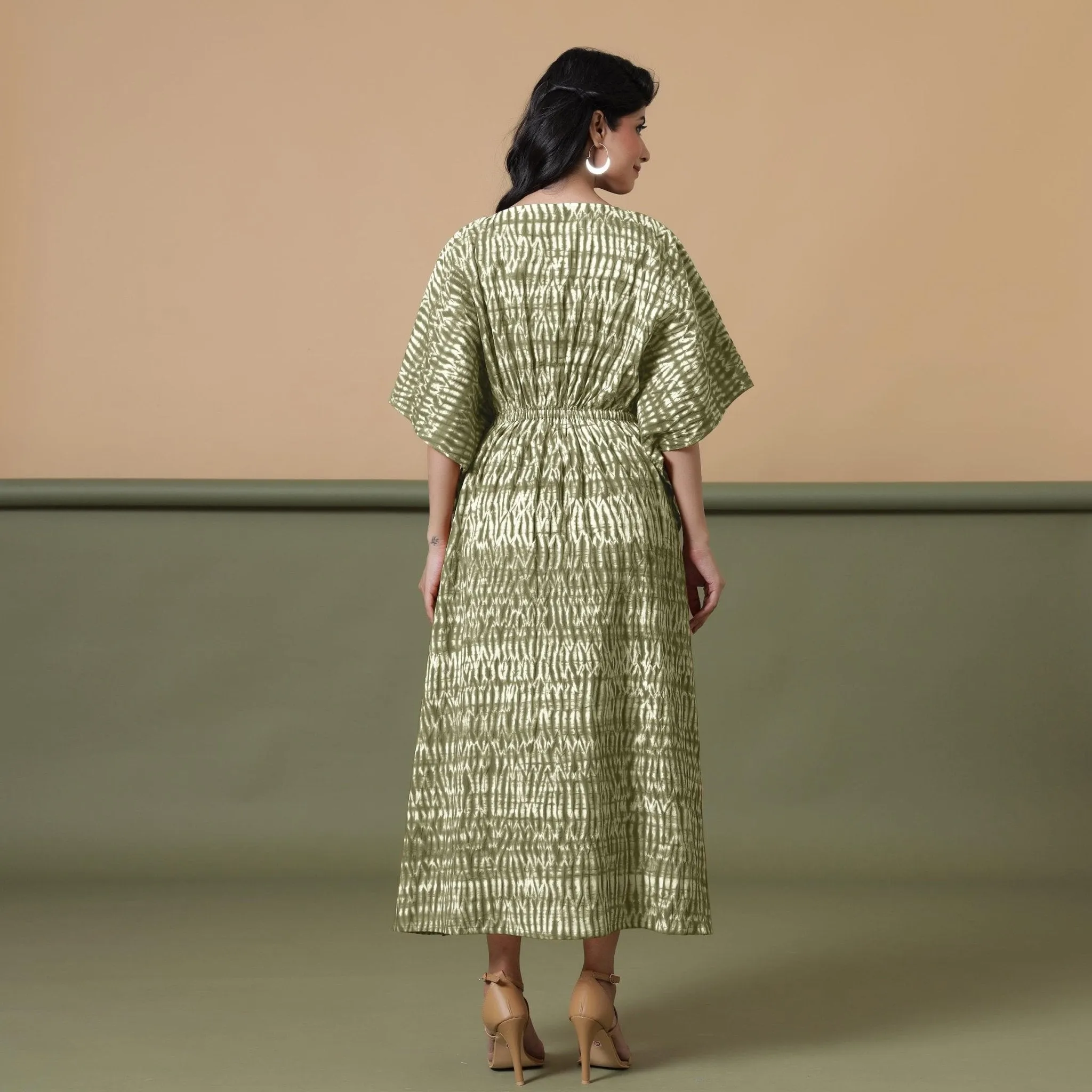 Moss Green Shibori Tie-Dye Cotton Kaftan Maxi Dress