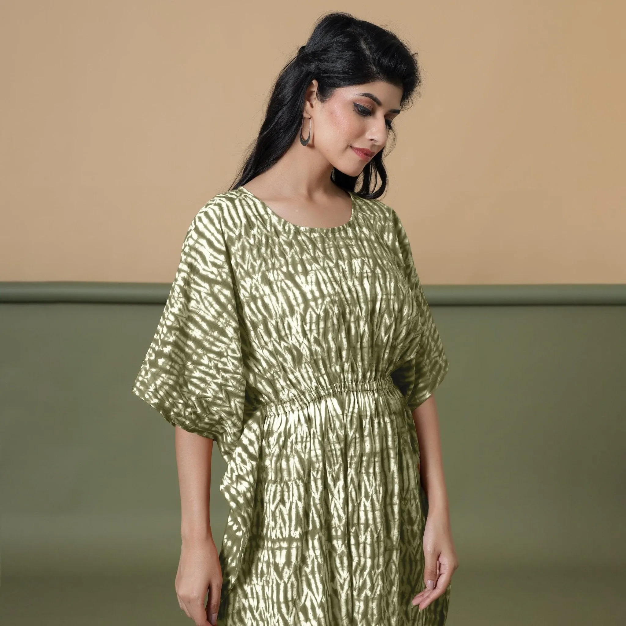 Moss Green Shibori Tie-Dye Cotton Kaftan Maxi Dress