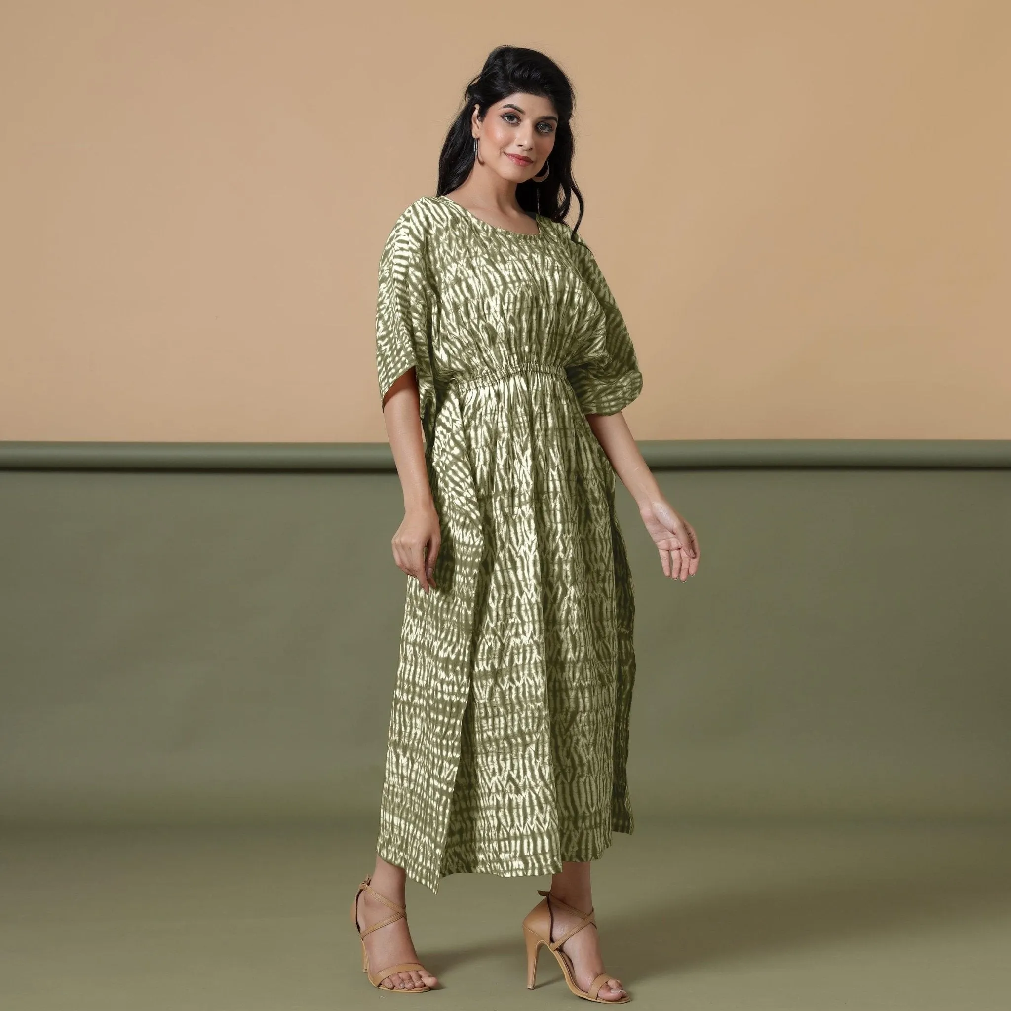 Moss Green Shibori Tie-Dye Cotton Kaftan Maxi Dress