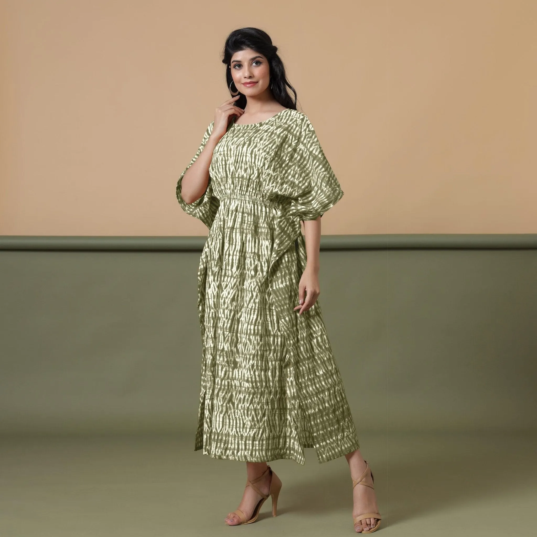 Moss Green Shibori Tie-Dye Cotton Kaftan Maxi Dress
