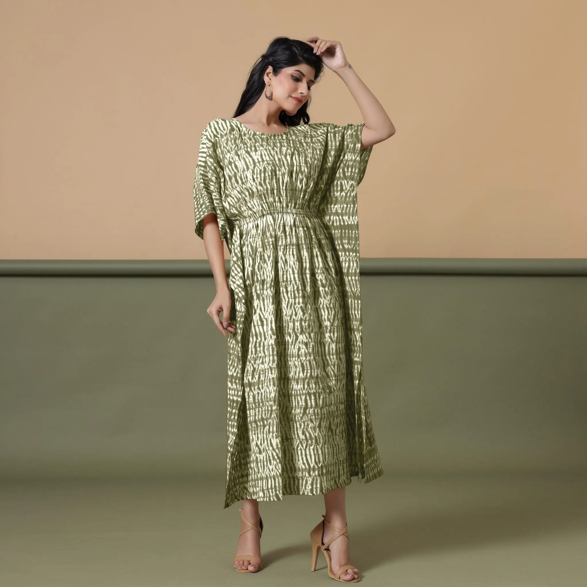 Moss Green Shibori Tie-Dye Cotton Kaftan Maxi Dress