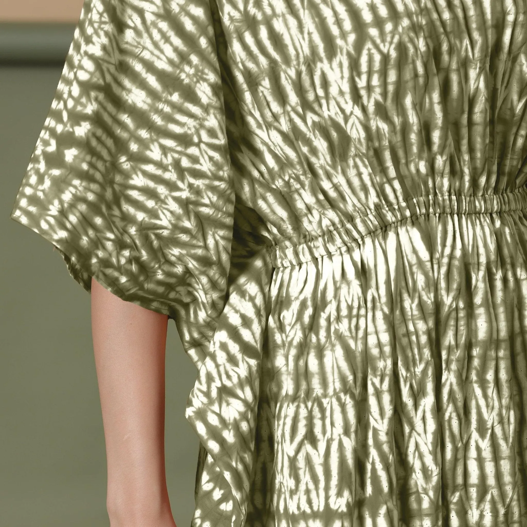 Moss Green Shibori Tie-Dye Cotton Kaftan Maxi Dress