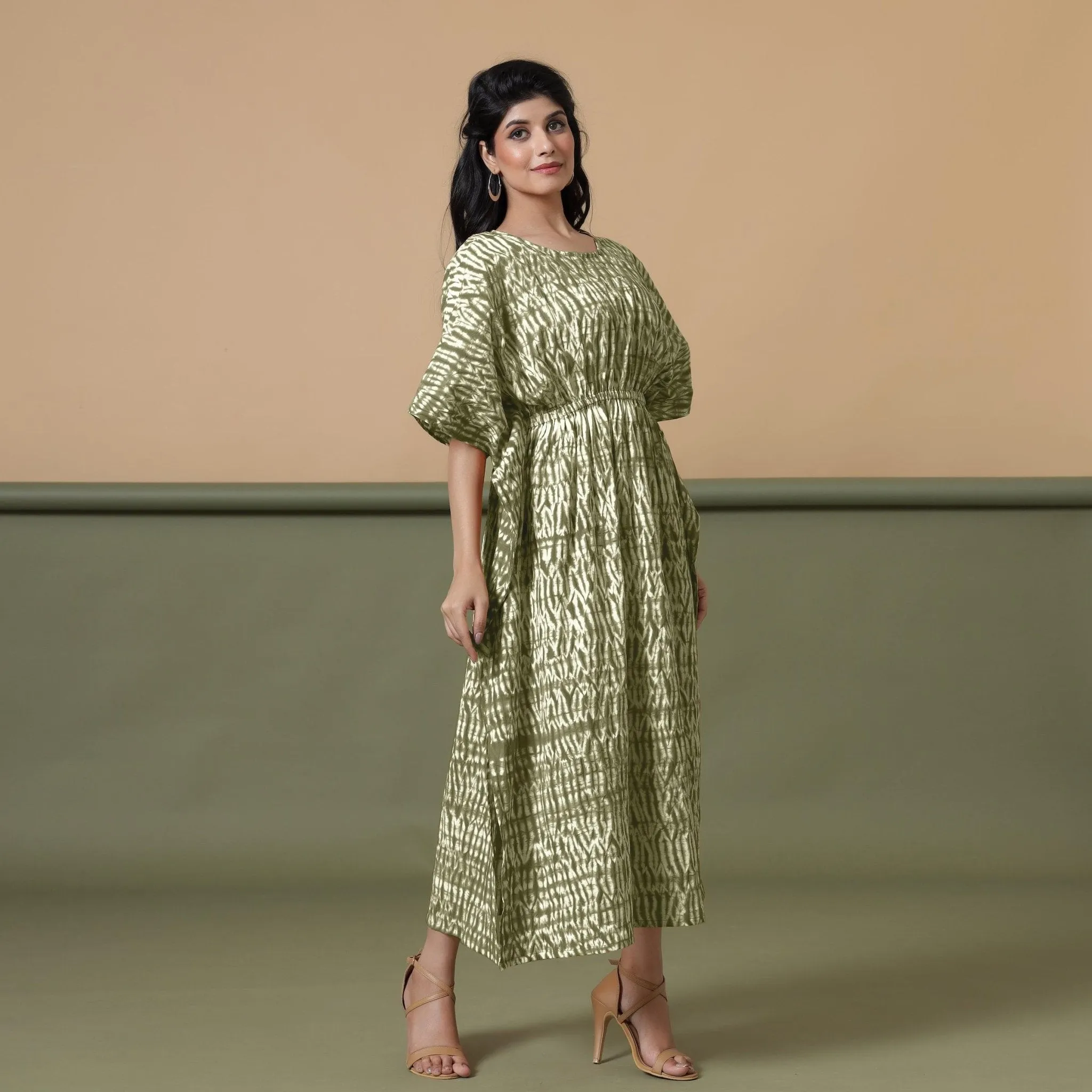 Moss Green Shibori Tie-Dye Cotton Kaftan Maxi Dress