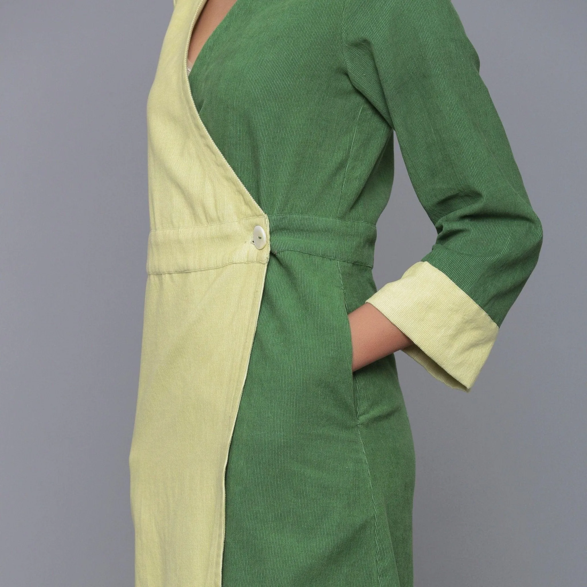 Moss Green Warm Cotton Corduroy Knee Length Wrap Dress