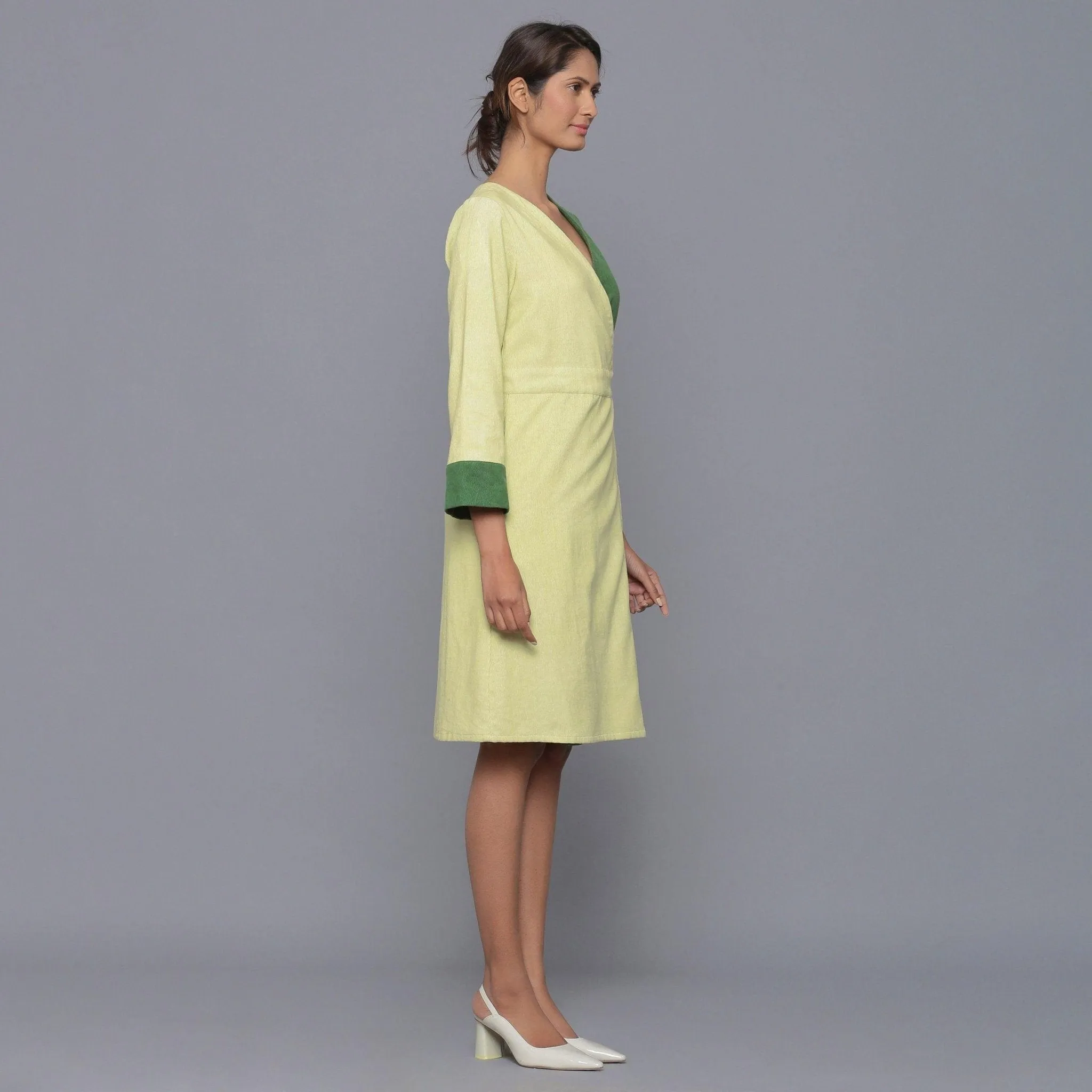 Moss Green Warm Cotton Corduroy Knee Length Wrap Dress