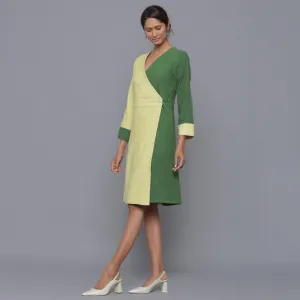 Moss Green Warm Cotton Corduroy Knee Length Wrap Dress