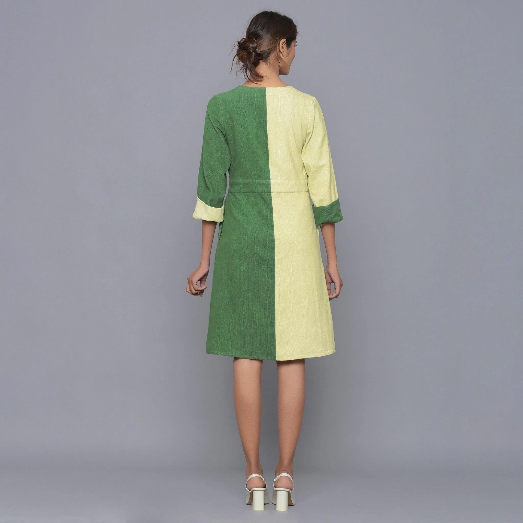 Moss Green Warm Cotton Corduroy Knee Length Wrap Dress
