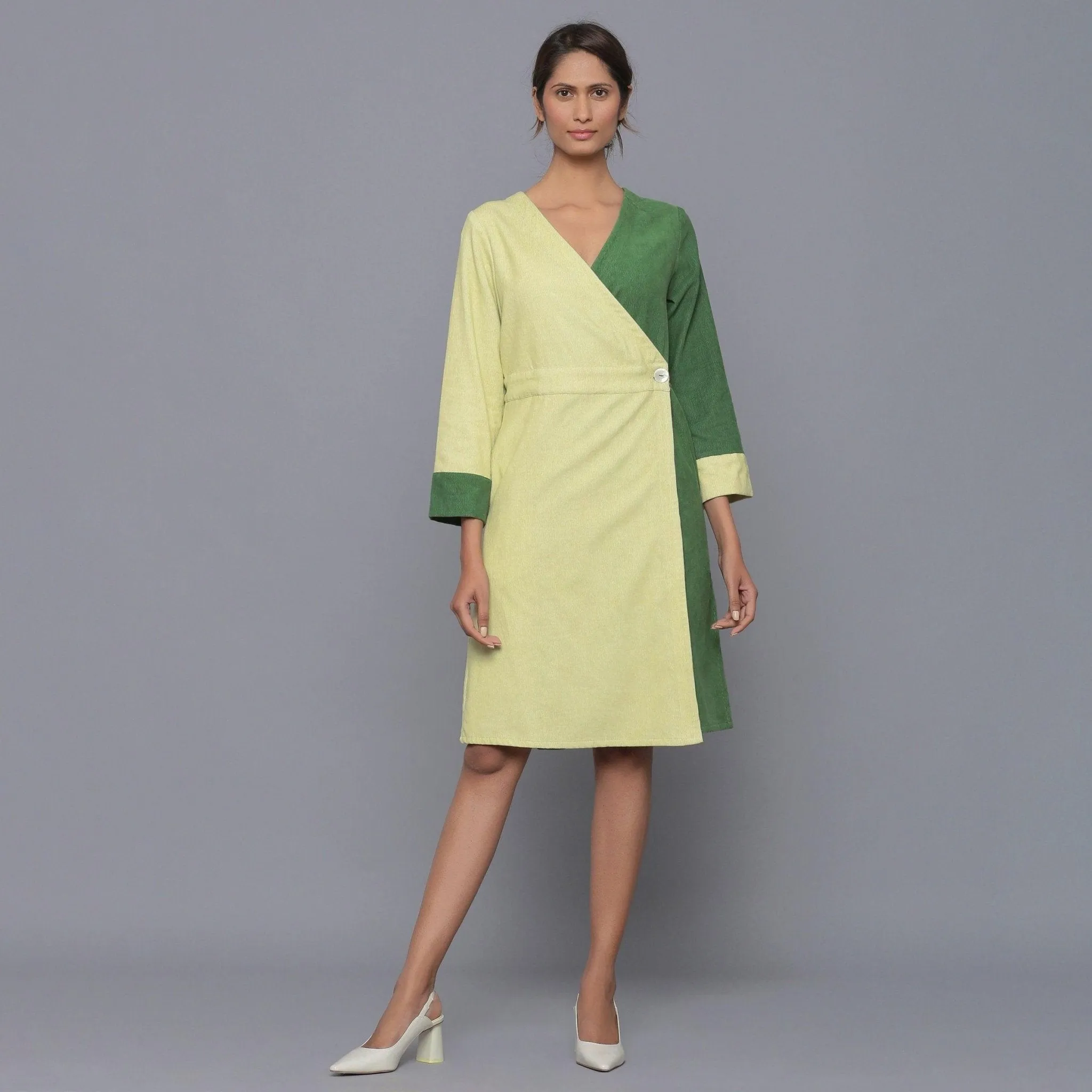 Moss Green Warm Cotton Corduroy Knee Length Wrap Dress