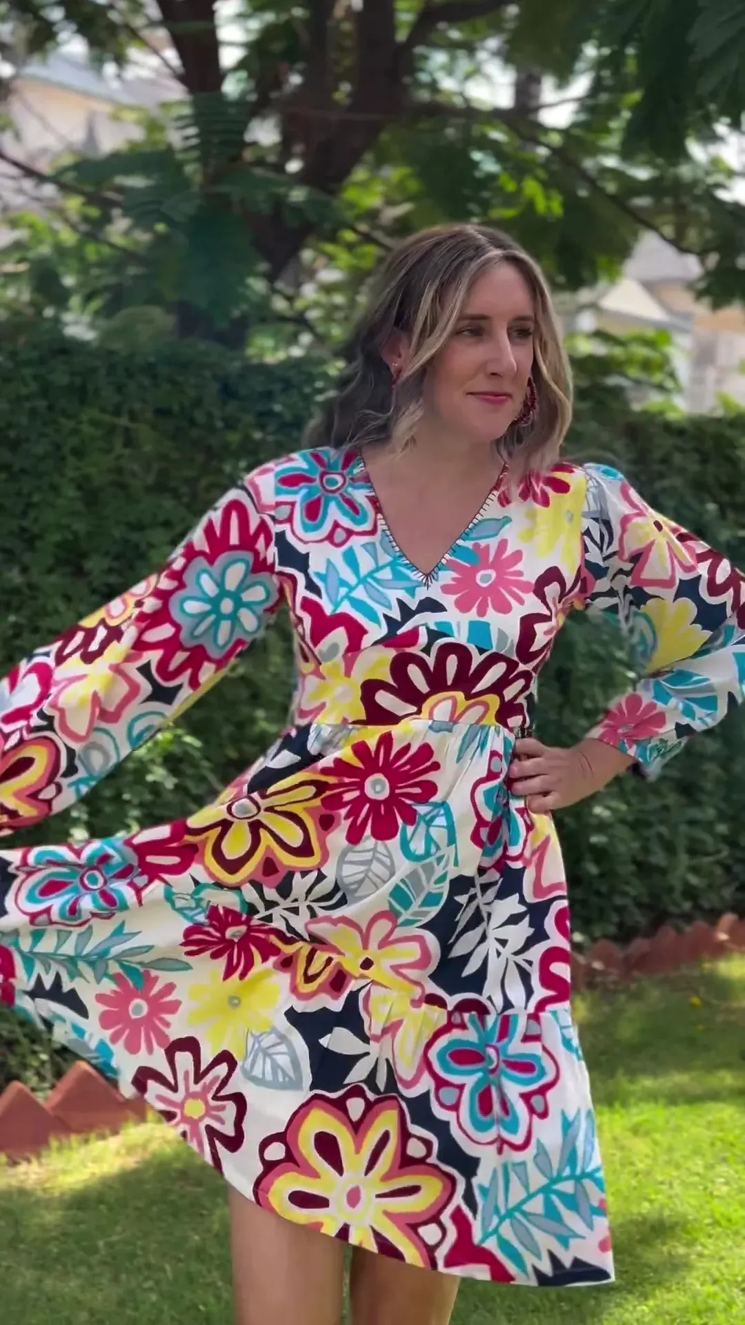 Multicolor Floral Printed 100% Cotton V-Neck Short Tier Dress