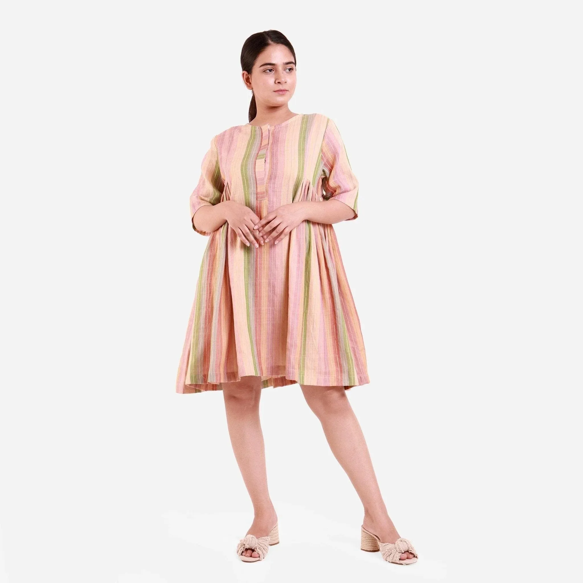 Multicolor Striped Cotton Button-Down Short Flared Dress