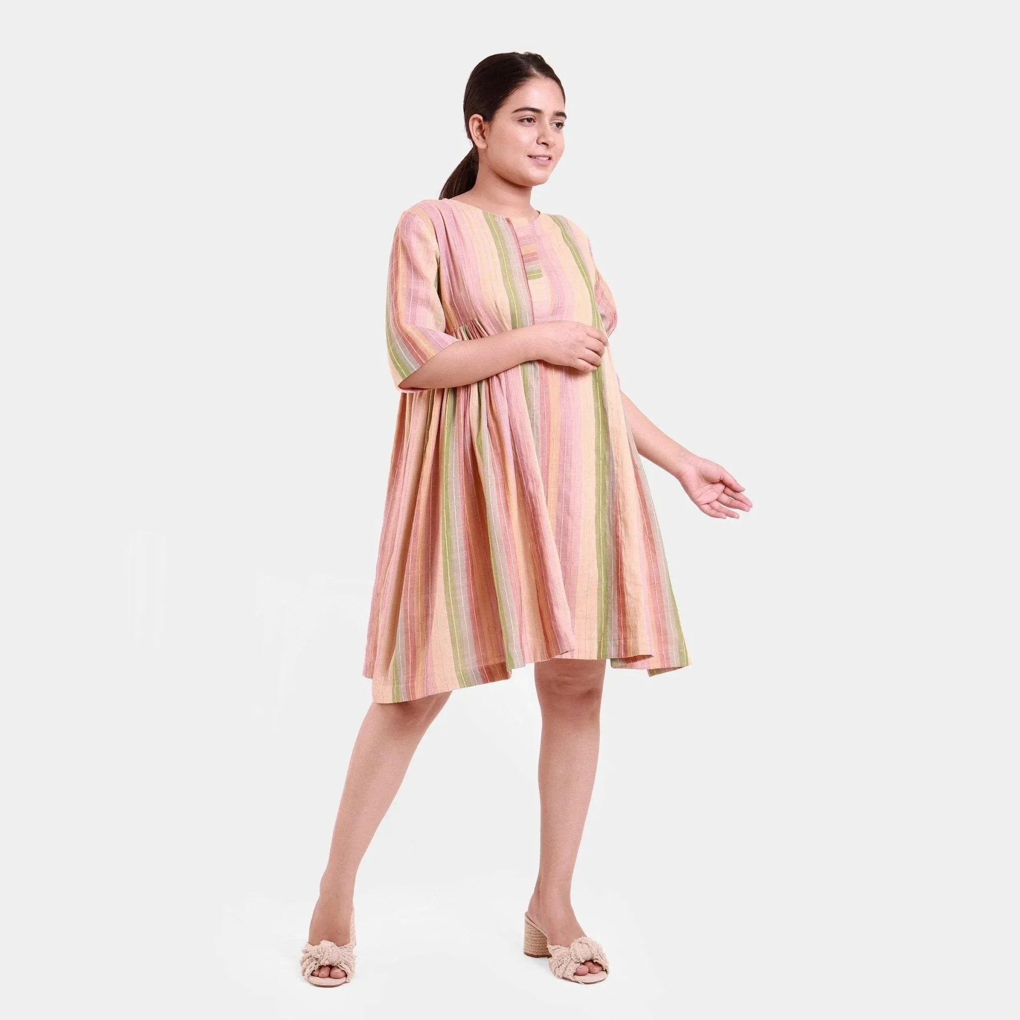 Multicolor Striped Cotton Button-Down Short Flared Dress
