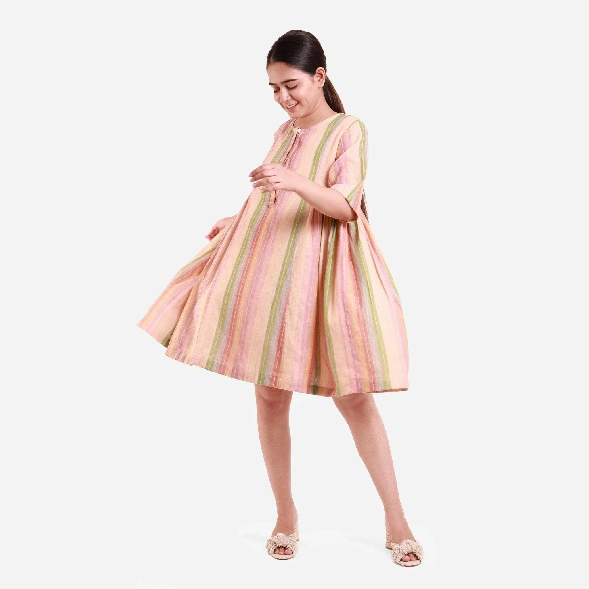 Multicolor Striped Cotton Button-Down Short Flared Dress