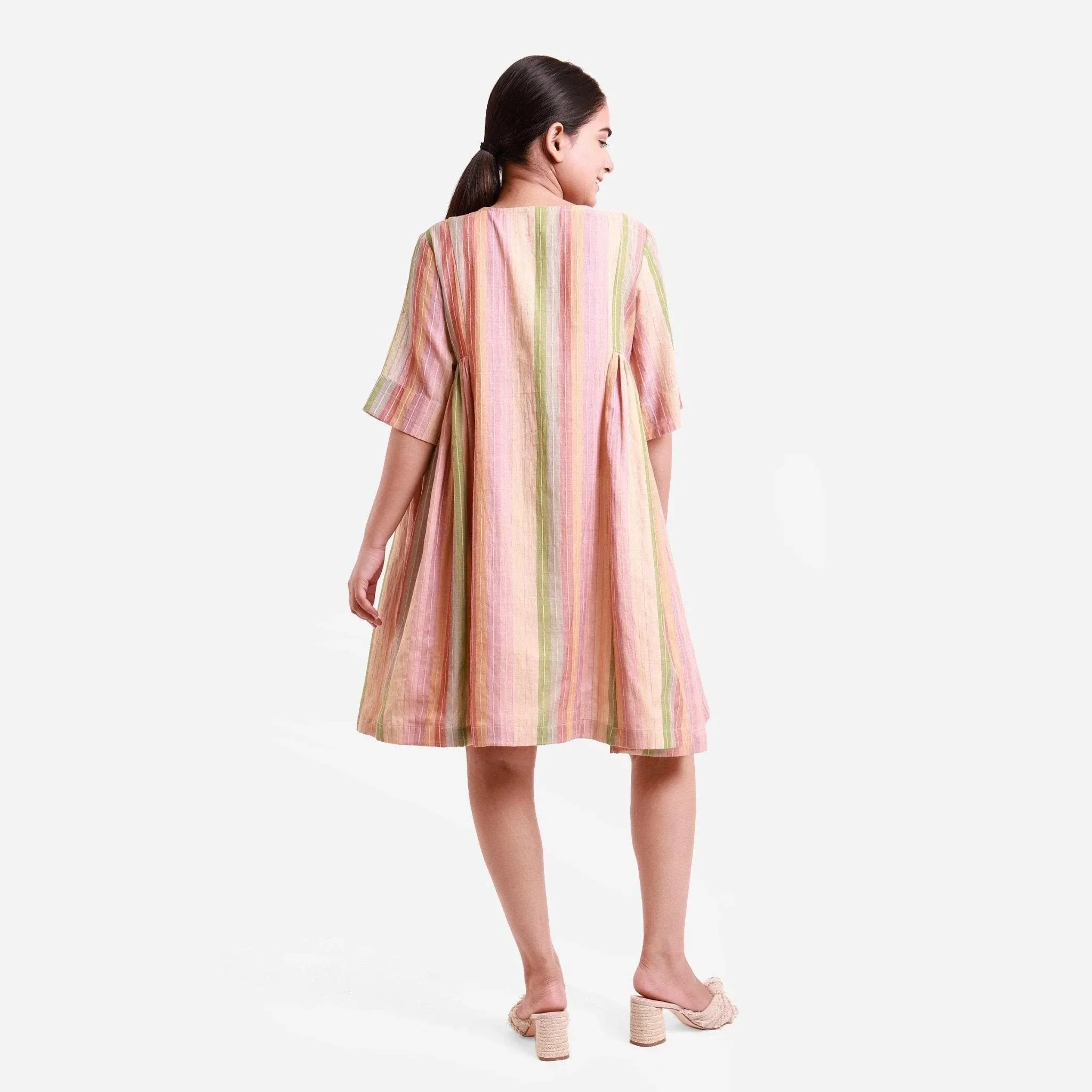 Multicolor Striped Cotton Button-Down Short Flared Dress