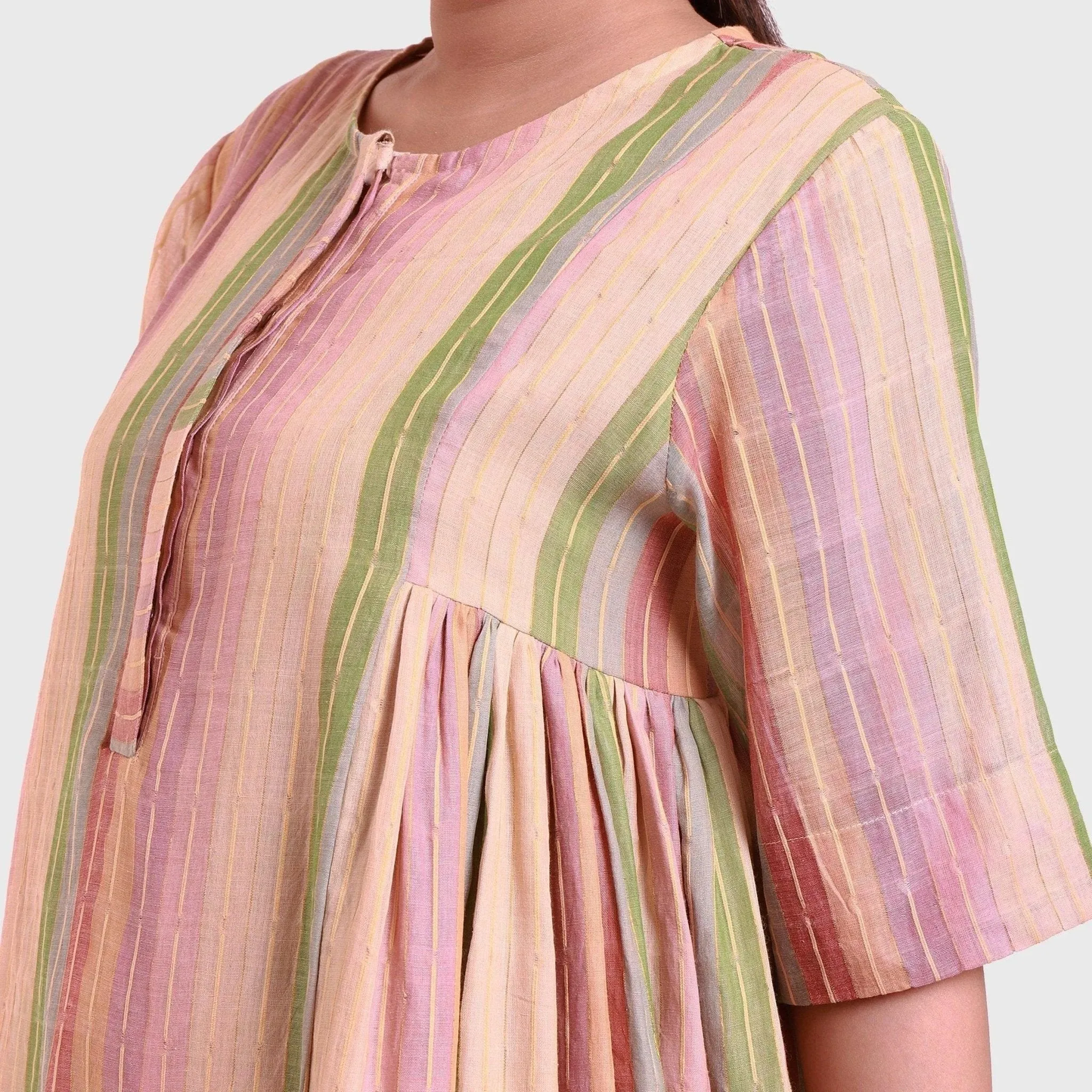 Multicolor Striped Cotton Button-Down Short Flared Dress