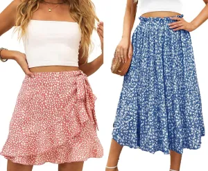 Naggoo Wrap Skirt Floral Mini Skirts Pink Medium Womens Skirt Chiffon Elastic Waist Pleated Skirts Blue M