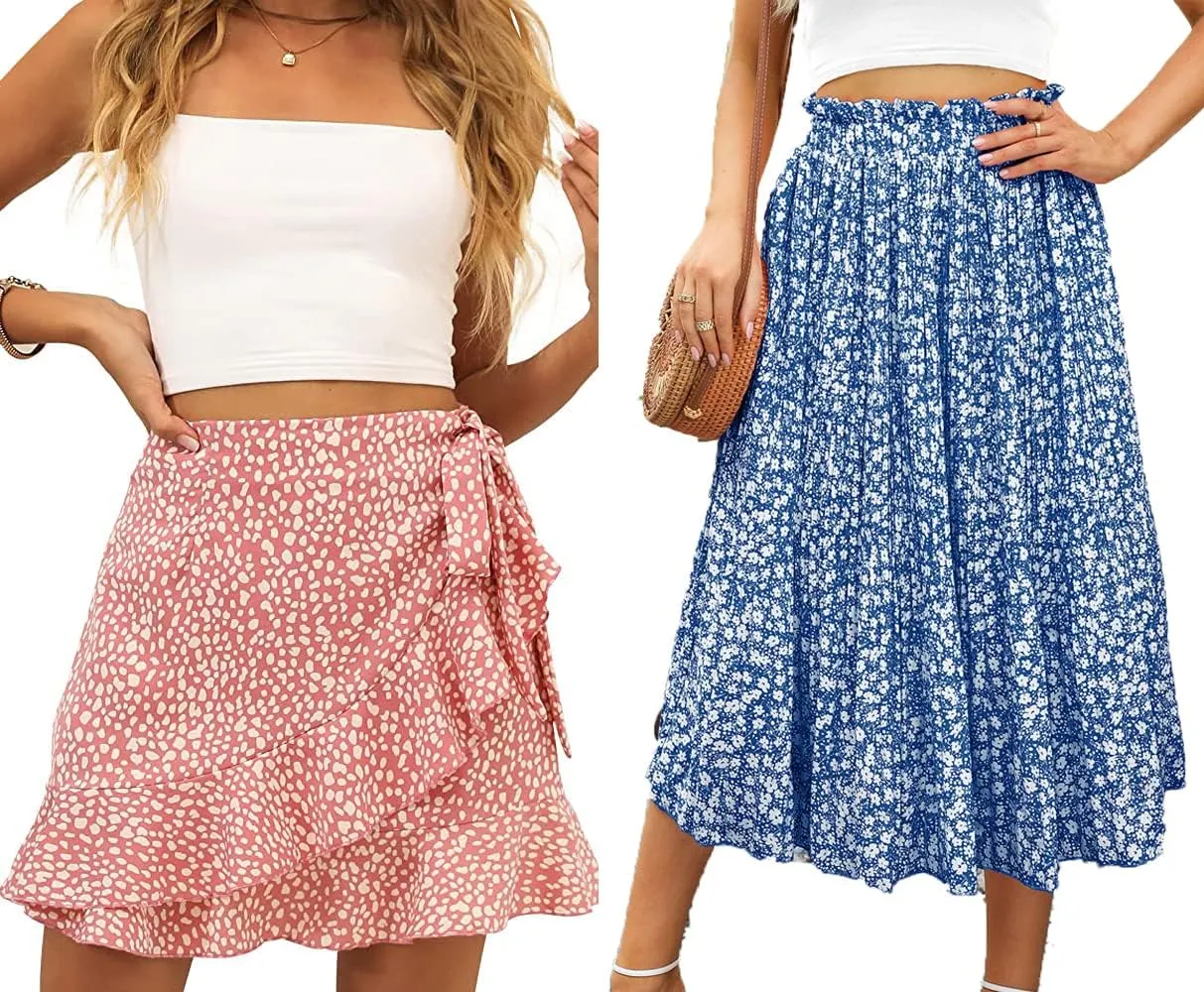 Naggoo Wrap Skirt Floral Mini Skirts Pink Medium Womens Skirt Chiffon Elastic Waist Pleated Skirts Blue M