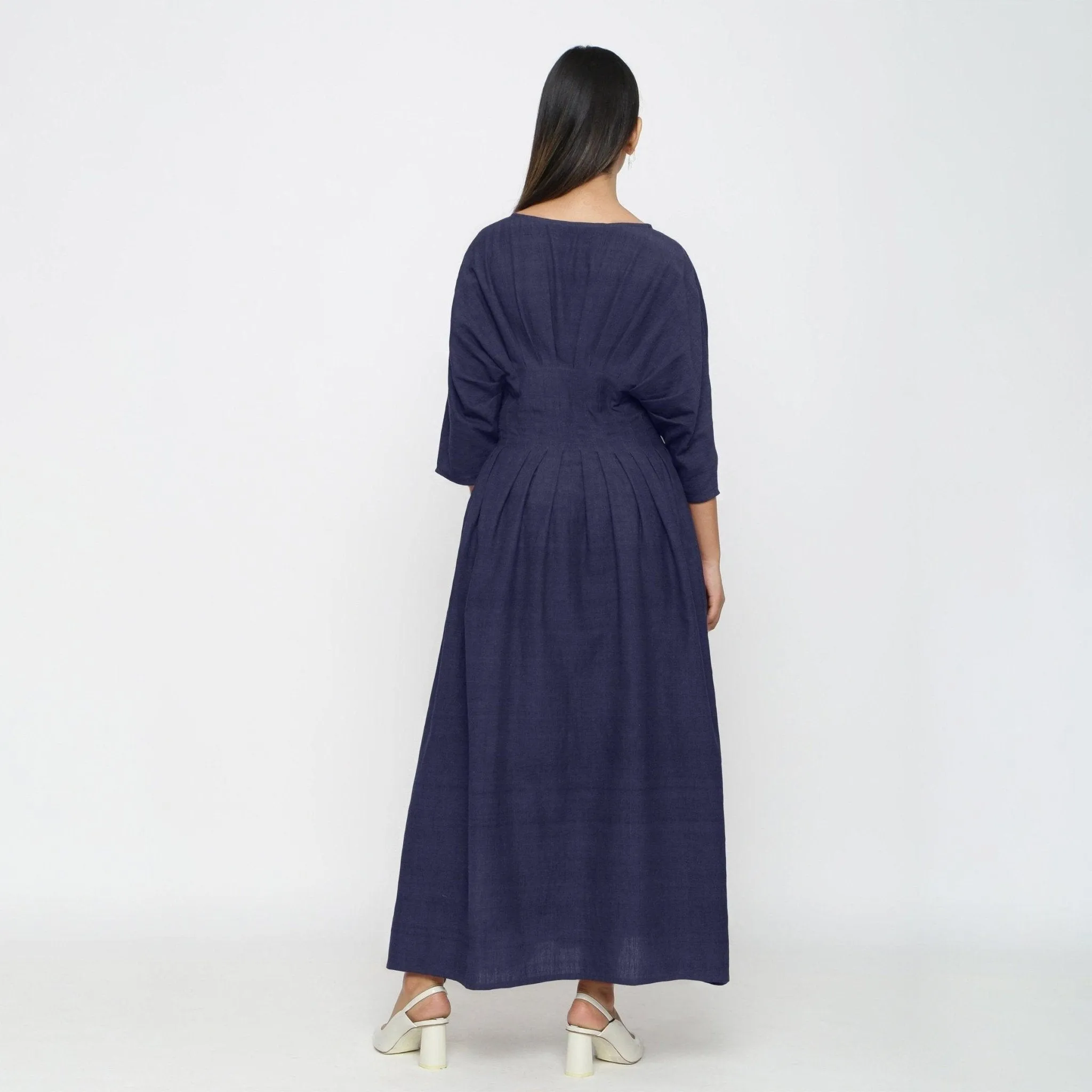 Navy Blue Cotton Flax Ankle Length Pleated Flared Dress